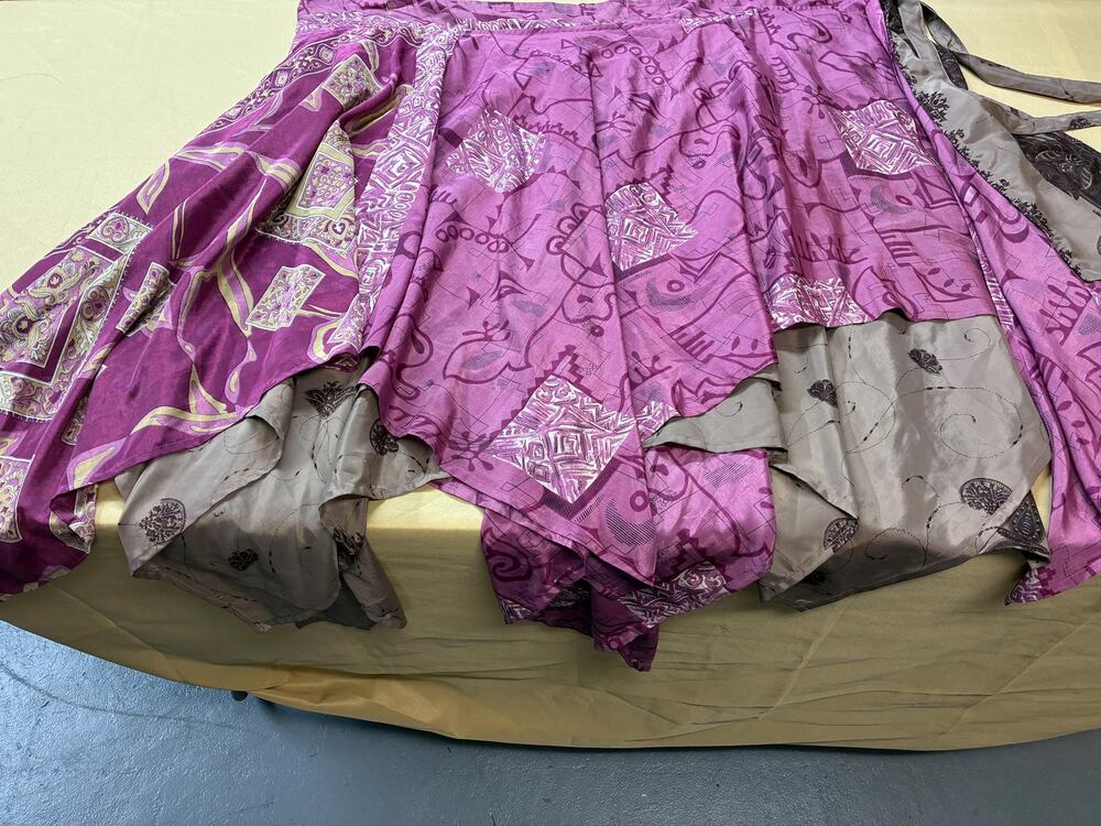 Vintage Boho Wrap Skirt – Purple Taupe Handkerchief Hem, Tribal Print